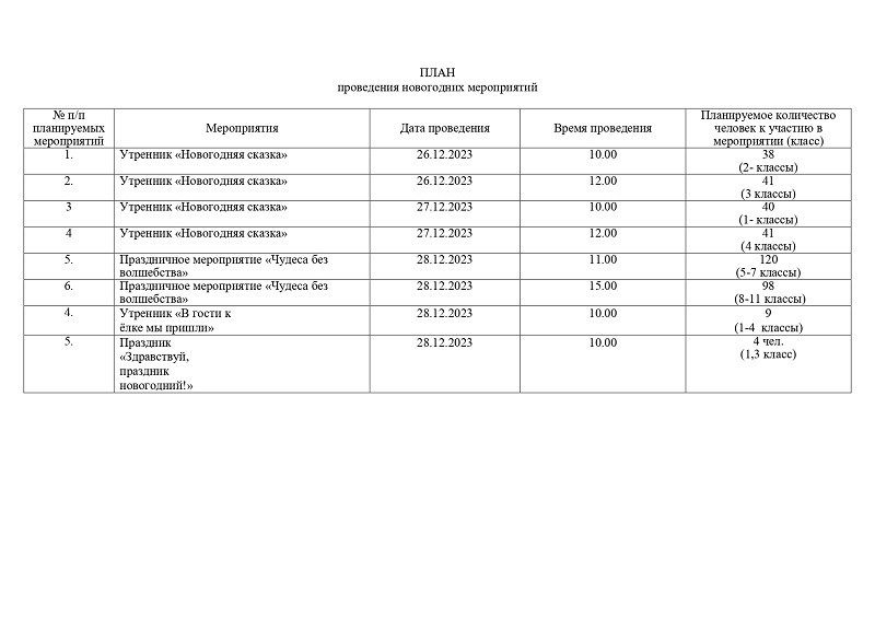 План проведения новогодних мероприятий.